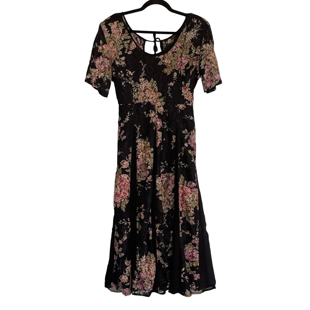 Olivia Black Floral Lace Midi Dress Short Sleeve Tie Back Pink Green Large